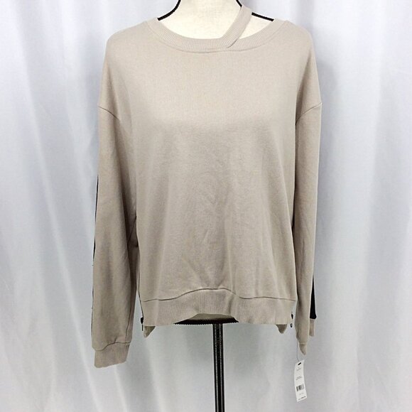 NWT w/Defects BCBGMaxAzria Sweatshirt Women Size Large Beige Black Zipper Hi Low - Picture 1 of 11